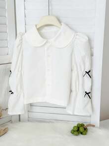 Genkimix Kids 1件 女童休闲蝴蝶结装饰泡泡袖衬衫 彼得潘领 - 白色 - 查看 3