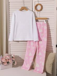 2pcs Tween GirlsMinimalist Long Sleeve Fleece Pajama Set Long Sleeve Pajama Sets For Teen Girls - Multicolor - View 2