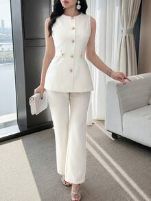 Feyla 女士优雅通勤前扣无袖上衣和裤子两件套，夏季 - 杏色 - 查看 7