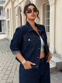 SHEIN Unity Plus Size Casual Denim Jacket With Cuff Buttons, Natural Color - Dark Wash - View 5