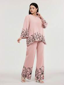 Veilorie 2 pièces Ensemble femme Top à manches évasées imprimé floral avec col en V échancré et pantalon - Rose bonbon - Voir 3