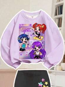 SHEIN 2 件套年轻女孩薰衣草 K-POP 卡通女孩图案宽松厚实柔软舒适圆领长袖运动衫和喇叭裤秋冬装 - 彩色 - 查看 3