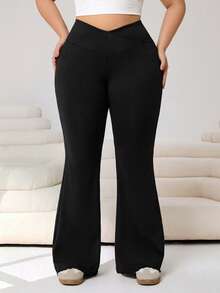 Solflare 大码休闲纯色喇叭裤 - 黑色 - 查看 3