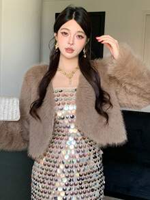 DAZY 女士时尚复古风纯色毛绒短外套，秋冬女式外套 - 灰色 - 查看 3