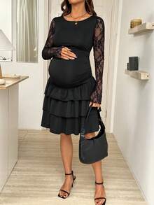 SHEIN Elegant Black Maternity Dress For Pregnant Women,Formal Evening Photoshoot,Autumn Lace Patchwork Sheer Long Sleeve Layered Ruffle Cocktail Outfit - Black - View 6