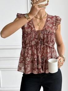 Serisse Áo kiểu nữ Pháp màu nâu phong cách Bohemian họa tiết Paisley, cổ chữ V, xếp nếp, có dây rút, không tay, tay ngắn, thích hợp mặc hàng ngày, đi nghỉ mát/mùa hè. Áo màu nâu cho nữ, áo kiểu mùa hè cho nữ, áo kiểu thanh lịch cho nữ, từ xuân sang hè, mùa hè cho nữ, trang phục thời trang nữ, đi biển, kỳ nghỉ hè, áo kiểu thường ngày cho nữ, áo kiểu họa tiết hoa cho nữ. - màu nâu - Xem 5