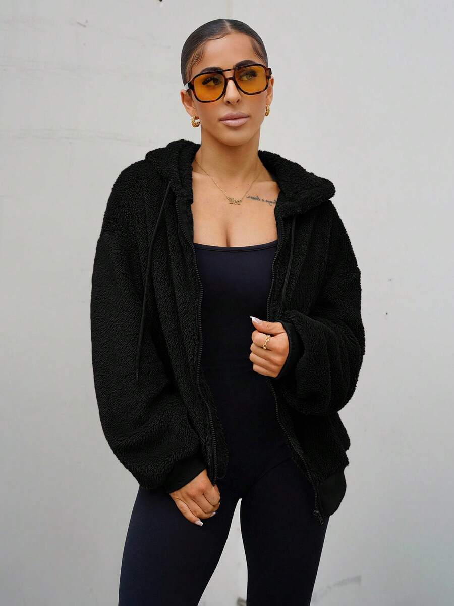 SAYEHFBABY 女式休闲简约双面拉链连帽运动衫，适合秋冬季 - 黑色 - 查看 1