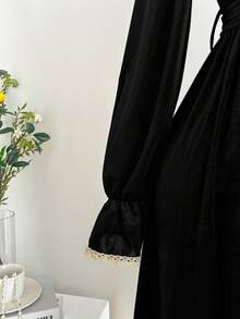 SHEIN LUNE 优雅法式花卉蕾丝拼接中长连衣裙，长袖丝绒针织腰带连衣裙，女士秋冬款 - 黑色 - 查看 5