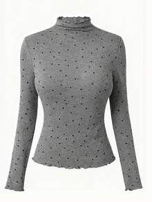 K-Vae 波点高领休闲长袖灰色T恤 - 灰色 - 查看 1