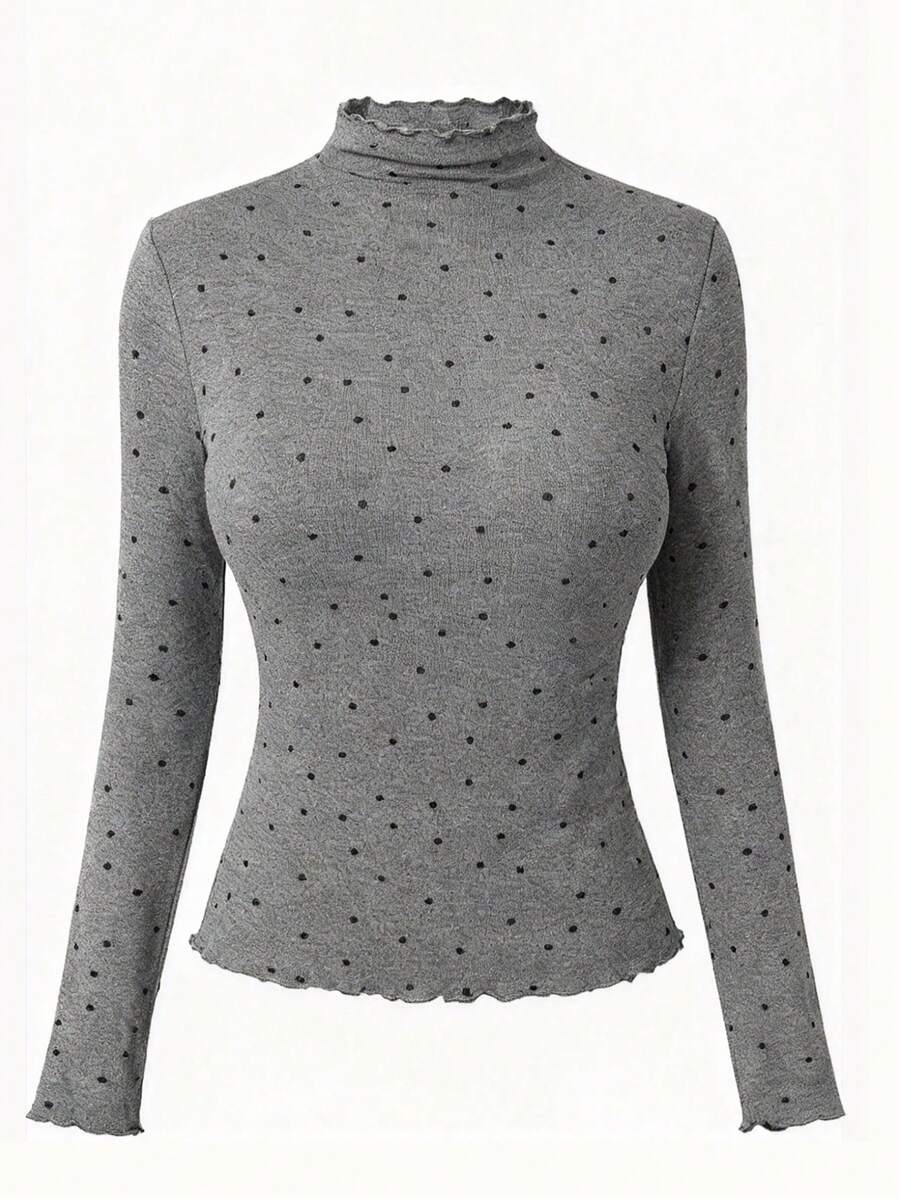 K-Vae 波点高领休闲长袖灰色T恤 - 灰色 - 查看 1