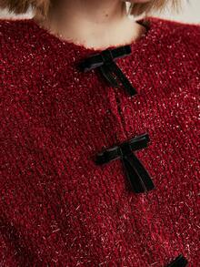 Arave Jaket Pesta Lengan Panjang Wanita Model Tweed dengan Detail Pita di Bahu dan Benang Emas Berkilau - Merah - View 9