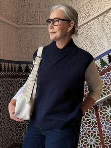 Vivie Lora Suéter de punto ajustado sin mangas con cuello para mujer - Gris - Ver 6