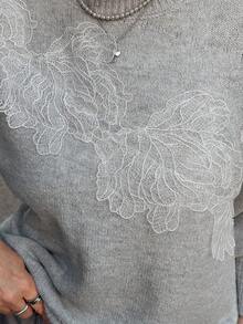 Vivie Lora Women's Loose 3D Floral Decor Sweater - Light Grey - View 4