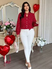 Vionelle Áo sơ mi tay dài in hình trái tim phong cách cổ điển, thiết kế thời trang, phù hợp cho mùa xuân và mùa thu - Đỏ - Xem 7