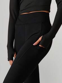 MISSGUIDED High Waisted Seamless Ribbed Waistband Detail Sports Leggings For Yoga Running Gym Workout Training Athletic Activewear Performance - Black - View 4