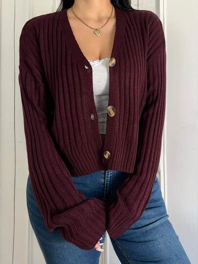 Flirla Plus Size Fashionable Elegant Cute Minimalist Solid Color Drop Shoulder Long Sleeve Ribbed Cropped Cardigan Sweater, Suitable For All Seasons, Great Christmas Gift, Spring, Summer, Fall, Winter Cardigan Sweaters For Women Womens Sweaters Sweater Top Fall Clothes For Women