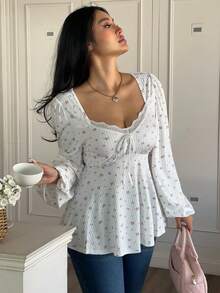 Vibekara Plus Size Square Collar Ruffle Patchwork Ditsy Floral Long Puff Sleeve A-Line Elegant Vintage Casual Cute Party Women T-Shirt - White - View 6