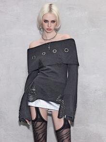 ROMWE Avant Y2K Punk Ripped Design Waist Cinched Flare Sleeve Metal Grommet Accent One Shoulder Sweater - Dark Grey - View 5