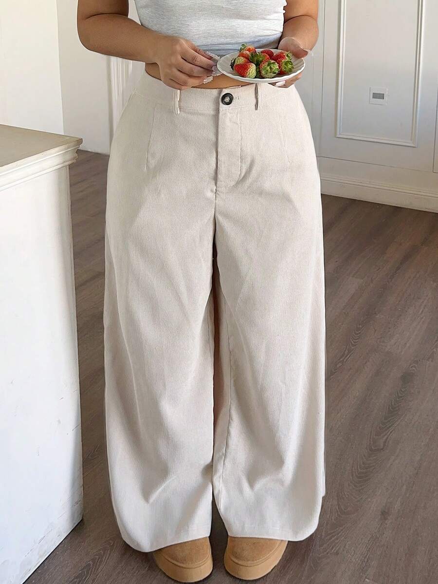 SHEIN PETITE CURVE Plus Size Women's Solid Color Casual Everyday Commute Simple Versatile Loose Comfortable Wide Leg Pants - Apricot - View 1