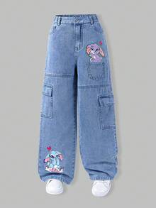 SHEIN ChillGRL Quần denim liền thân có túi và họa tiết thỏ dành cho bé gái tuổi teen, quần dài thường ngày phong cách đường phố cổ điển, dáng rộng thoải mái, cạp chun co giãn thoải mái, thích hợp mặc hàng ngày, đi học, đi nghỉ, đi chơi - Rửa trung bình - Xem 3