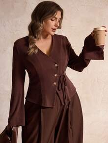SHEIN LUNE Women's Ribbed Knit Tie Front Elegant Commute & Date Top, Autumn/Winter - Brown - View 7