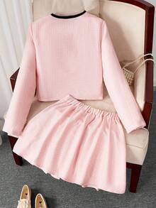 2pcs/Set Teenage Girls Colorful Bow Decor Long Sleeve Knit Top & Pleated Mini Skirt Set, Elegant Casual Comfortable Outfit For Parties, Events, Festivals, Outings, All Seasons - Pink - View 2