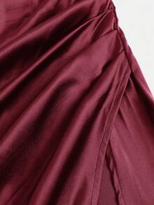 Pitira Pitira Vestido de dama de honor de satén con tirantes de espagueti, bajo plisado y abertura lateral para adolescentes y niñas, elegante vestido formal para baile de graduación, cena, Navidad, Día de San Valentín - Burdeos - Ver 9