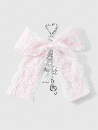 Kawaii 1 Stück koreanischer Stil süß & zart vielseitig einfach hochwertige handgemachte weiße Perlen Kristall Netz Garn Stickerei Schleife Kette CCB Stern Herz Anhänger Schlüsselanhänger Taschenbaumler, geeignet für Frauen, Alltagstragen, Festivalgeschenk