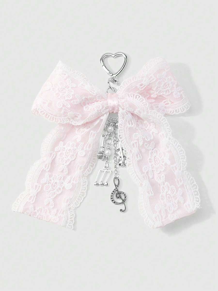 ROMWE Kawaii 1件韩式甜美精致百搭简约高品质手工串珠白色仿珍珠水晶网纱刺绣丝带蝴蝶结链CCB星星爱心吊坠钥匙扣包包挂件，适合女性日常佩戴，节日礼物 - 粉白色-31 - 查看 1