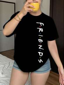 FRIENDS X SHEIN Plus Size Summer Letter Print Round Neck Short Sleeve T-Shirt Suitable For Going Out - Black - View 1