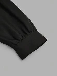 Sweetra Đầm chữ A tay dài khoét sâu chấm bi cổ chữ U màu tương phản có dây rút phía trước cỡ lớn dành cho nữ - Đen và trắng - Xem 4