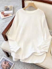 SHEIN Clasi 大码纯色圆领休闲卫衣 - 米色 - 查看 1