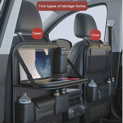 1/2 Túi đựng đồ sau ghế ô tô dung tích lớn, có khay đựng máy tính bảng có thể gập lại, giá để cốc/khăn giấy, túi đựng đồ sau ghế ô tô nhiều ngăn