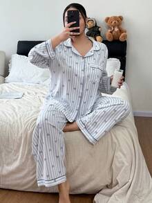 SHEIN Casual Woman Apricot Striped Plus Size Pajama Set Long Sleeve Lapel Button Front Long Pant Sets Woven Fabric - Apricot - View 3