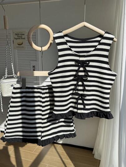 2pcs/Set Teenage Girls' Summer Striped Bow Sleeveless Crop Top + Ruffle Hem Shorts Set, Sweet & Spicy Style, Non-Fleece Design, Suitable For Parties And Summer Outings