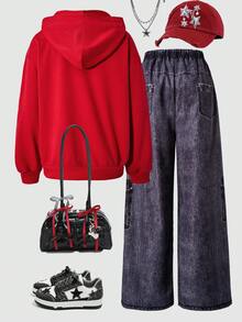 SHEIN 2 Stücke/Set Teenager Mädchen Loose Fit Kapuzen Langarm Sweatshirt mit Sternendruck und bequeme Hose mit elastischem Bund und weitem Bein mit Muster, geeignet für Streetwear - Rot - Übersicht 2