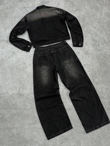 Manfinity EMRG Deconstructed Design Collar & Four-Button Closure Washed Black Denim Suit, European & American Style - Black - View 2