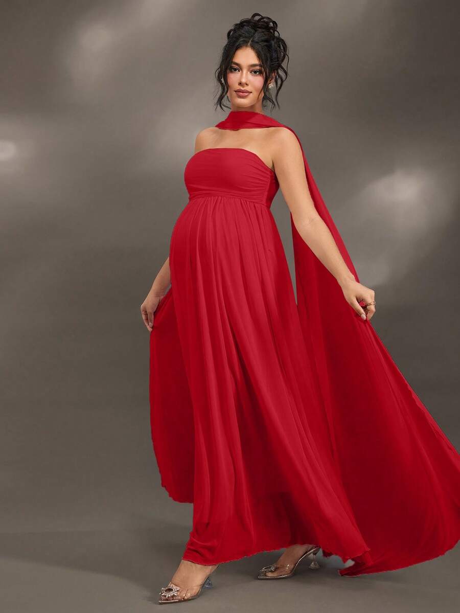 Cheriluna Maternity Elegant Ruffle Detail Solid Color Off-Shoulder Sleeveless Maternity Dress For Baby Shower, Christmas Party - Red - View 1
