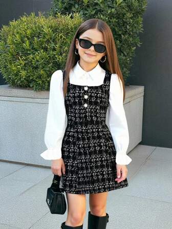 Firerie Kids Vestido casual de uso diario con bloqueo de color y parches, con la cintura ceñida, nuevo estilo para niñas jóvenes