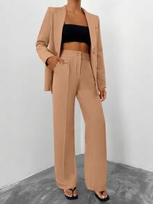 EURMUSE Women's Solid Color Shawl Collar Long Sleeve Jacket And Pants Casual Commuter Suit Set - Krem - View 5