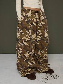 COUREZ 迷彩树印花宽松灯笼裤 Y2K 复古 100% 棉质森林风超大宽松秋冬 Gorpcore 女式下装水洗迷彩 - 棕色 - 查看 3