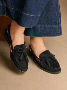 Rosivie Women's Lace-Up Beaded Flat Casual Shoes For Christmas - Black - View 6