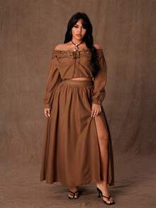 Rustia Conjunto de 2 piezas de blusa de manga larga con volantes de un hombro y falda con abertura lateral para mujer talla grande - Marrón - Ver 2