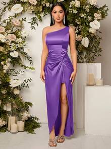 SHEIN Belle  Purple Satin One Shoulder Maxi Dress, Twist Front High Slit Formal Evening Party Dress - Purple - View 3