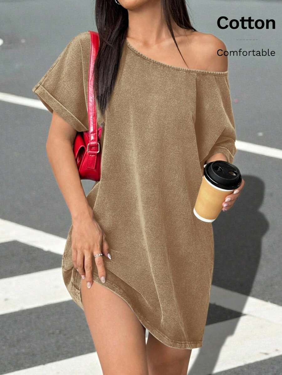 SHEIN EZwear Robe t-shirt ample au col asymétrique et style vintage délavé, style western festival de musique, pour l'été