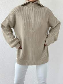 SHEIN Cottnline Half Zip Drop Shoulder Split Hem Sweater - Apricot - View 4