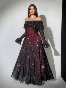 Viva Relle Vestido negro sexy de talla grande con hombros descubiertos y malla con lentejuelas, rojo para fiesta de Navidad - Negro - Ver 2