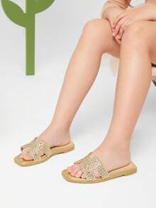 Mini mi #MiniLuxury Kids' Handwoven Metallic Pu Gold Slide Sandals – Inspired By Designer Aesthetic, Chic & Comfortable. - Gold - View 7