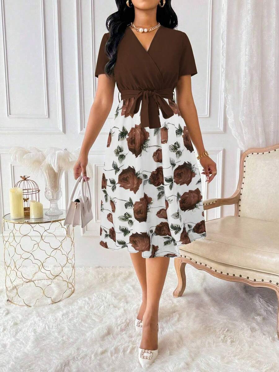 Lunelith SHEIN Lunessa Đầm Maxi Tay Ngắn Cổ Chữ V Họa Tiết Hoa Phủ Lên Thanh Lịch Cho Nữ - màu nâu - Xem 1