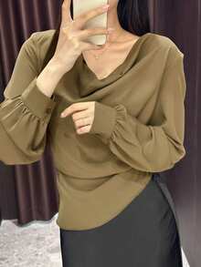 DAZY Unique Design Plunging Neck Long Sleeve Blouse For Women - Brown - View 2